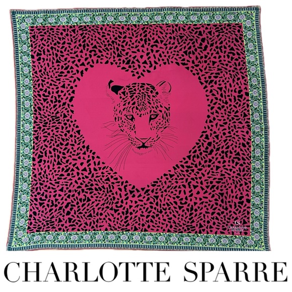 🐆🖤Vintage Silk Snow Leopard in Heart Scarf by Charlotte Sparre | 34” Square - Picture 17 of 17